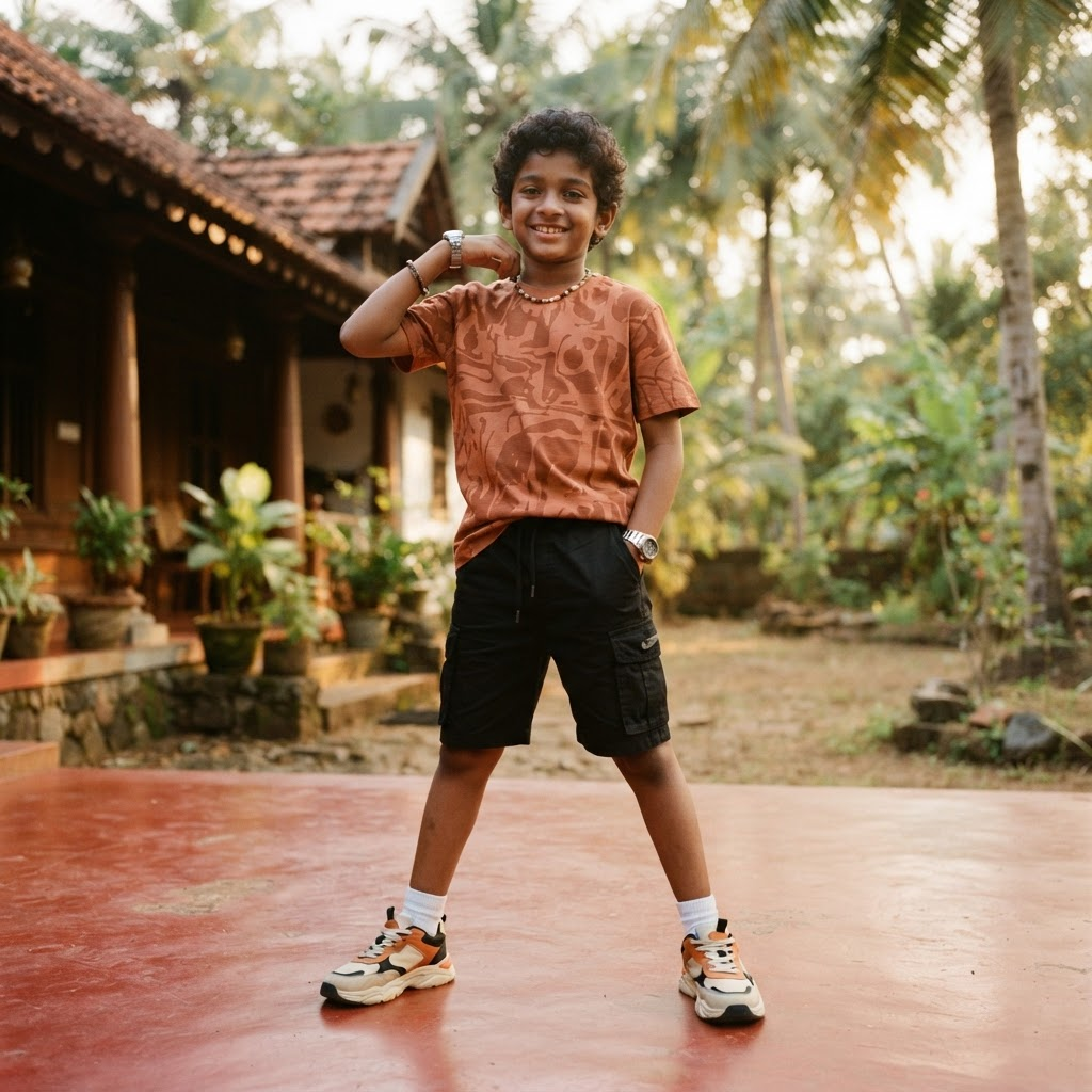 Boy in a terracotta tee and cargo shorts in a red oxide courtyard