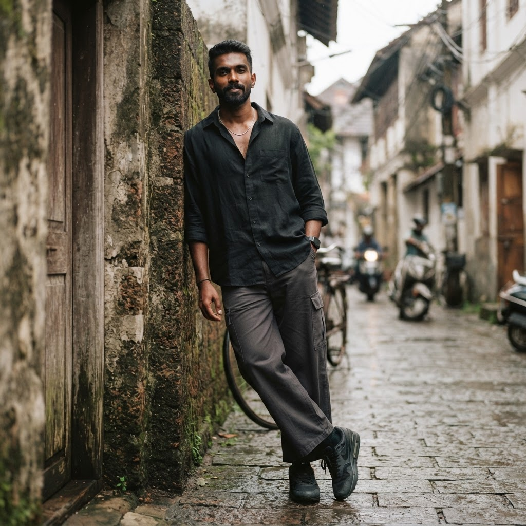 Man in oversized black streetwear beside a laterite wall