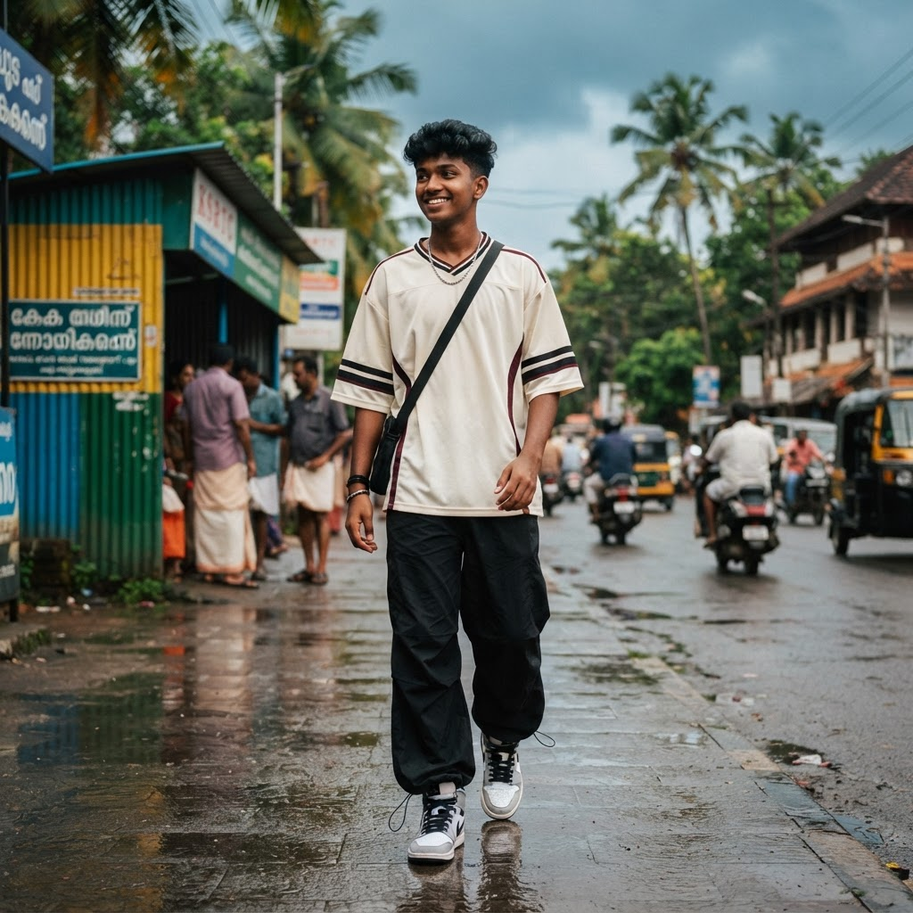 Teen boy in a cream jersey and parachute pants on a rain-wet street
