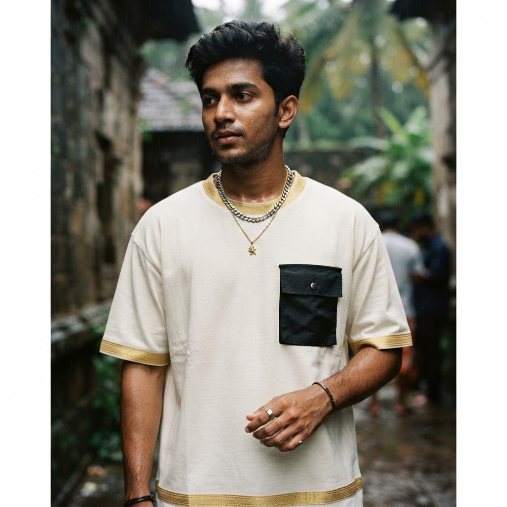 Close-up of cream cotton with a subtle gold woven edge and black cargo fabric