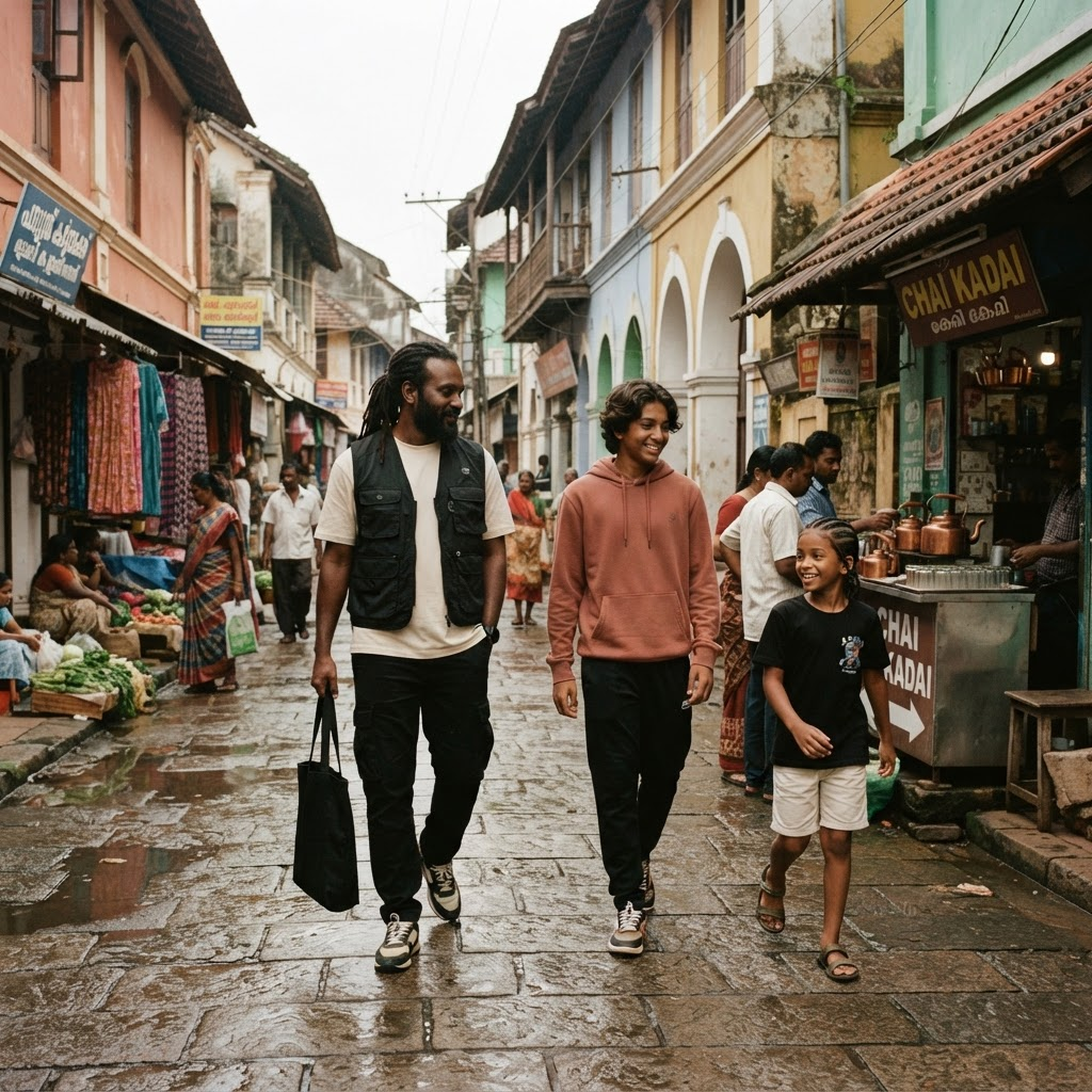 Three generations in coordinated streetwear walking through an old-town market lane