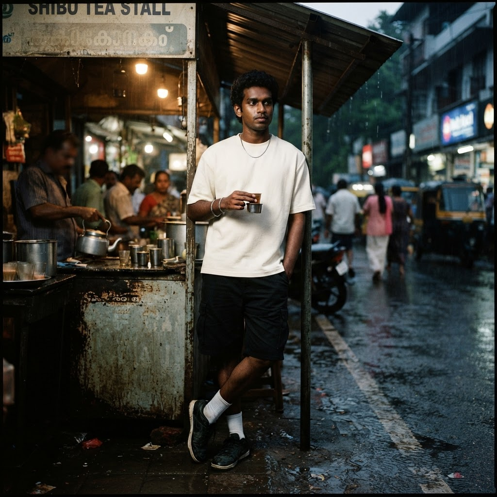 Streetwear portrait at a roadside tea stall