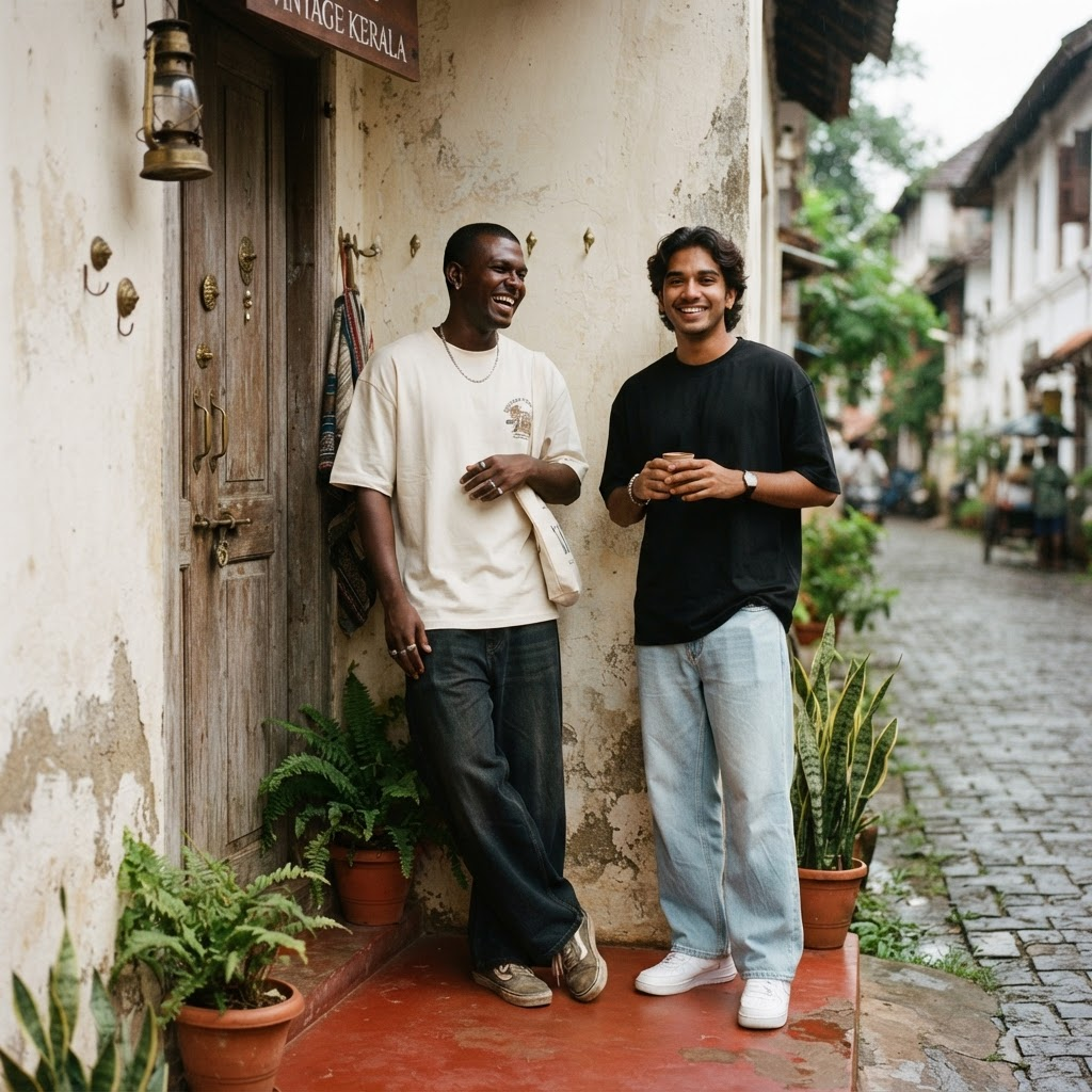 Two friends in relaxed streetwear outside an independent old-town shop