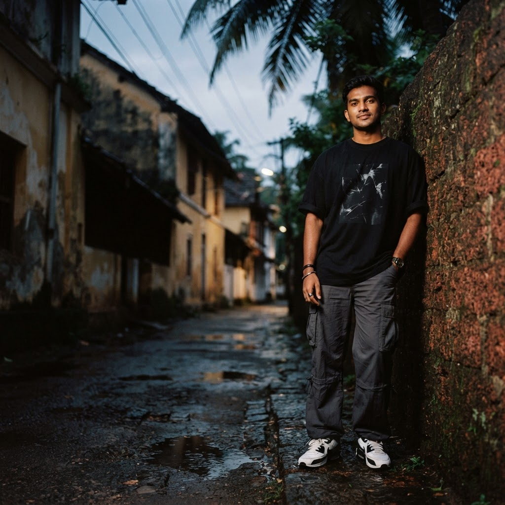 Man in black streetwear on a rain-darkened old-town lane
